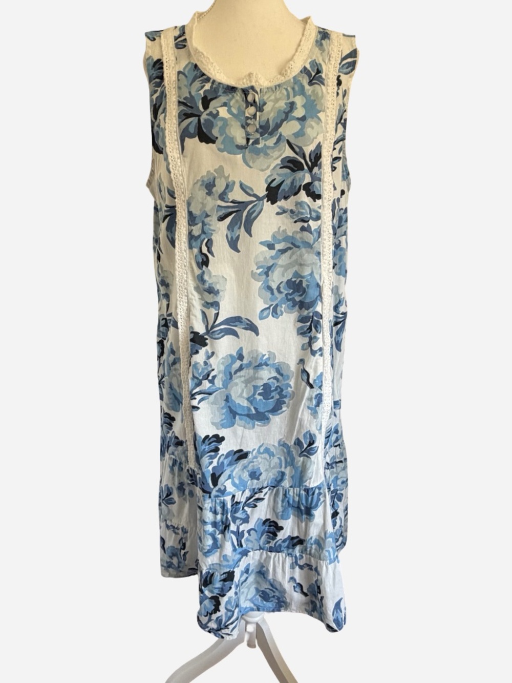 Soft Surroundings Blue Floral Cotton Summer Sleeveless Light Midi Dress-Sz-L